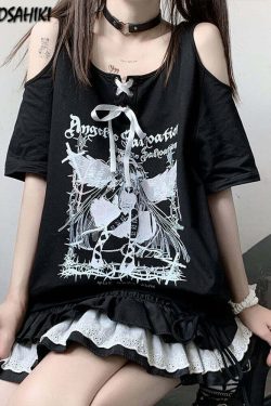 Egirl Dark Grunge Off Shoulder Black T-Shirt - Y2K Summer, 90s Fashion, Retro Goth Outfit