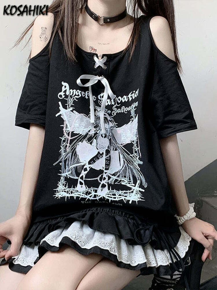 Egirl Dark Grunge Off Shoulder Black T-Shirt - Y2K Summer, 90s Fashion, Retro Goth Outfit