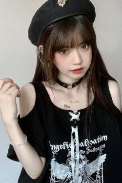 Egirl Dark Grunge Off Shoulder Black T-Shirt - Y2K Summer, 90s Fashion, Retro Goth Outfit