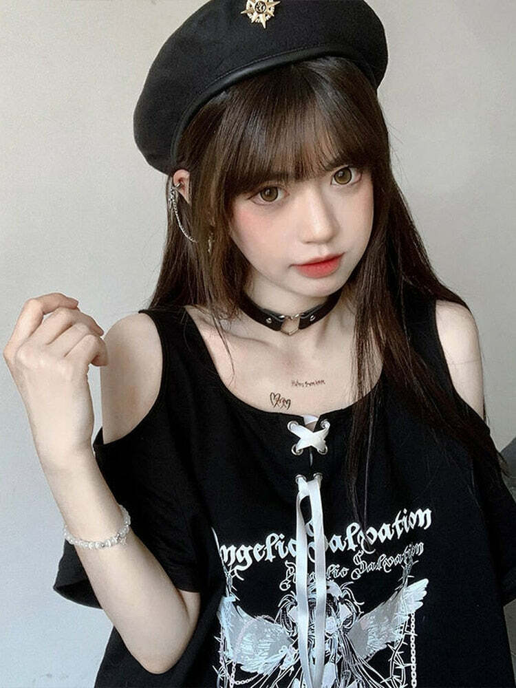 Egirl Dark Grunge Off Shoulder Black T-Shirt - Y2K Summer, 90s Fashion, Retro Goth Outfit