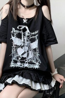 Egirl Dark Grunge Off Shoulder Black T-Shirt - Y2K Summer, 90s Fashion, Retro Goth Outfit