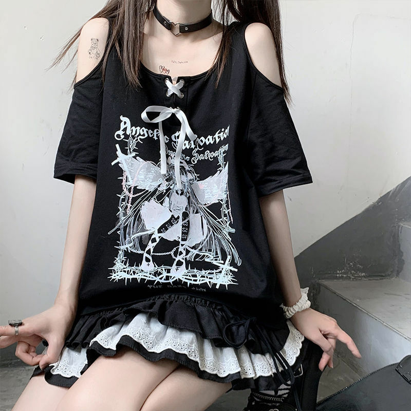 Egirl Dark Grunge Off Shoulder Black T-Shirt - Y2K Summer, 90s Fashion, Retro Goth Outfit
