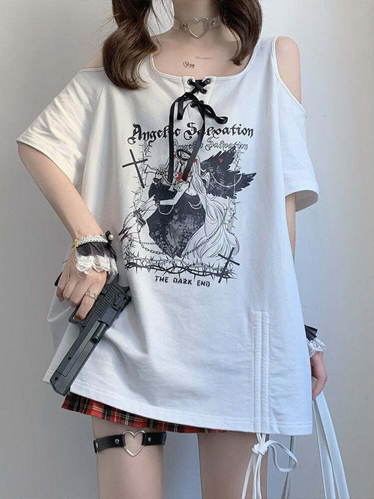 Egirl Dark Grunge Off Shoulder Black T-Shirt - Y2K Summer, 90s Fashion, Retro Goth Outfit