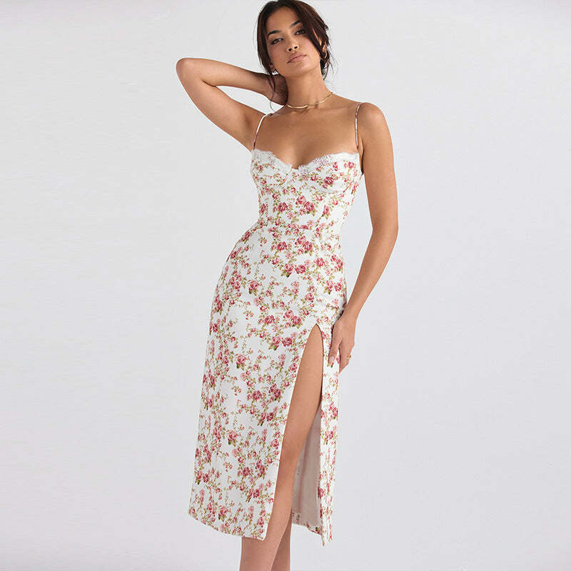 Elanor Floral Midi Dress - Y2K Summer Outfit, 90s Fashion, Grunge, Retro Style, Pastel Goth