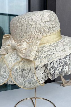 Elegant Beige Lace Patchwork Bow Sun Hat - Y2K Summer, 90s Fashion, Grunge, Retro Style