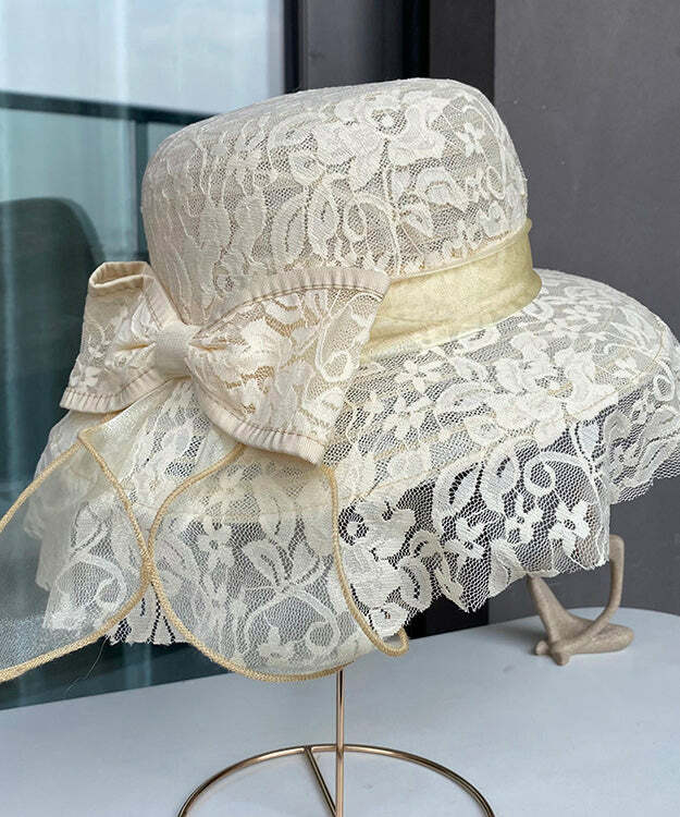 Elegant Beige Lace Patchwork Bow Sun Hat - Y2K Summer, 90s Fashion, Grunge, Retro Style