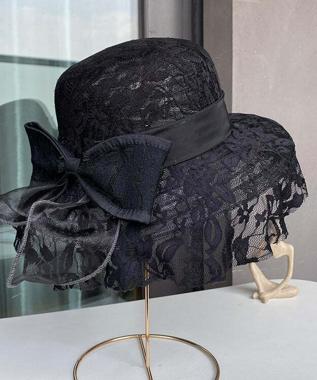 Elegant Beige Lace Patchwork Bow Sun Hat - Y2K Summer, 90s Fashion, Grunge, Retro Style