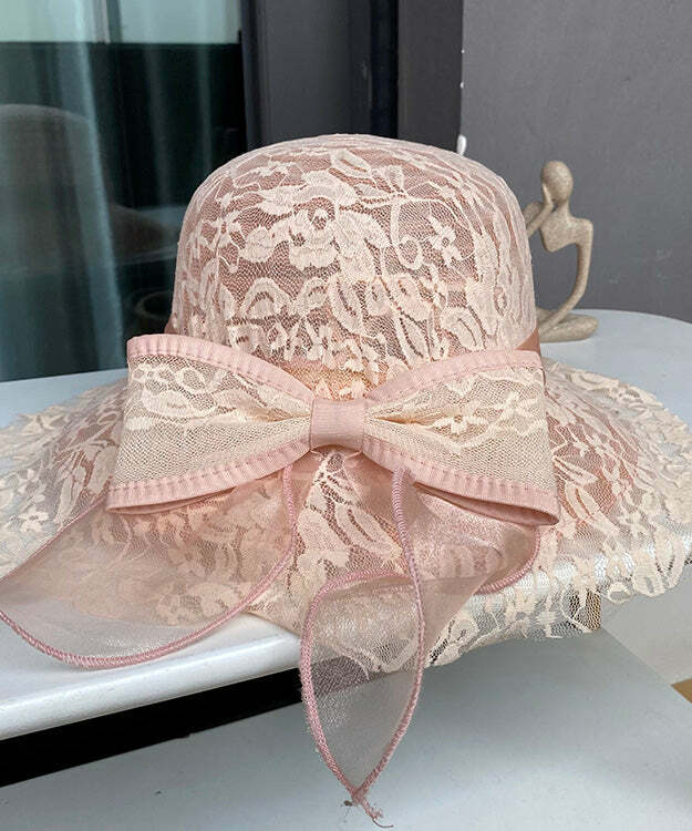 Elegant Beige Lace Patchwork Bow Sun Hat - Y2K Summer, 90s Fashion, Grunge, Retro Style