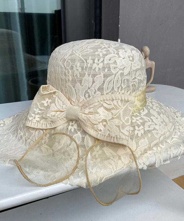 Elegant Beige Lace Patchwork Bow Sun Hat - Y2K Summer, 90s Fashion, Grunge, Retro Style