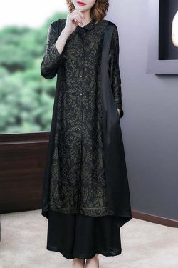 Elegant Black Print Silk Long Shirt & Wide Leg Pants Set - Y2K & 90s Grunge Summer Outfit