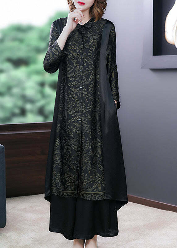 Elegant Black Print Silk Long Shirt & Wide Leg Pants Set - Y2K & 90s Grunge Summer Outfit