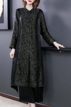 Elegant Black Print Silk Long Shirt & Wide Leg Pants Set - Y2K & 90s Grunge Summer Outfit