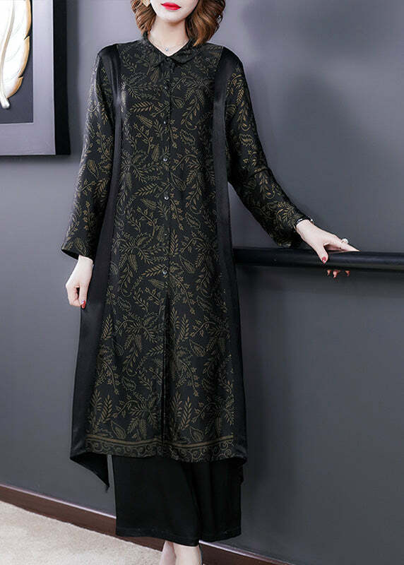 Elegant Black Print Silk Long Shirt & Wide Leg Pants Set - Y2K & 90s Grunge Summer Outfit