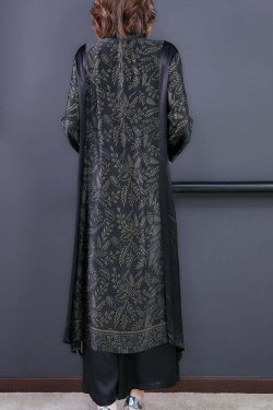 Elegant Black Print Silk Long Shirt & Wide Leg Pants Set - Y2K & 90s Grunge Summer Outfit