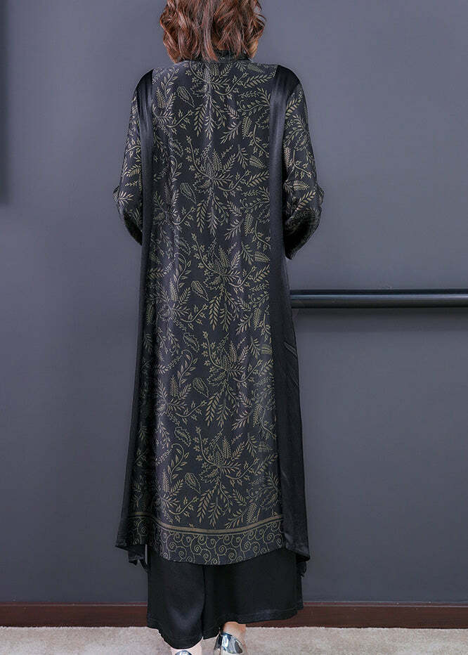 Elegant Black Print Silk Long Shirt & Wide Leg Pants Set - Y2K & 90s Grunge Summer Outfit