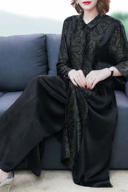 Elegant Black Print Silk Long Shirt & Wide Leg Pants Set - Y2K & 90s Grunge Summer Outfit