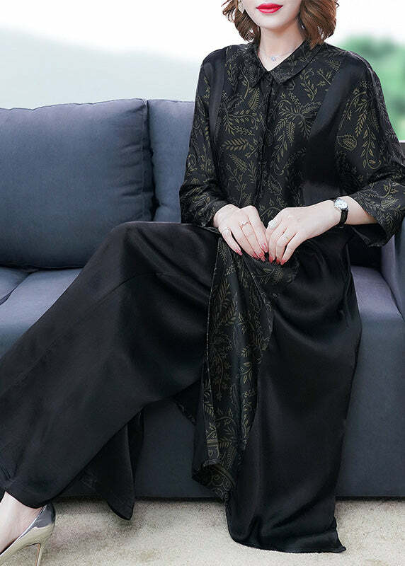 Elegant Black Print Silk Long Shirt & Wide Leg Pants Set - Y2K & 90s Grunge Summer Outfit