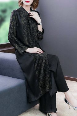 Elegant Black Print Silk Long Shirt & Wide Leg Pants Set - Y2K & 90s Grunge Summer Outfit