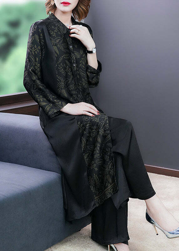 Elegant Black Print Silk Long Shirt & Wide Leg Pants Set - Y2K & 90s Grunge Summer Outfit