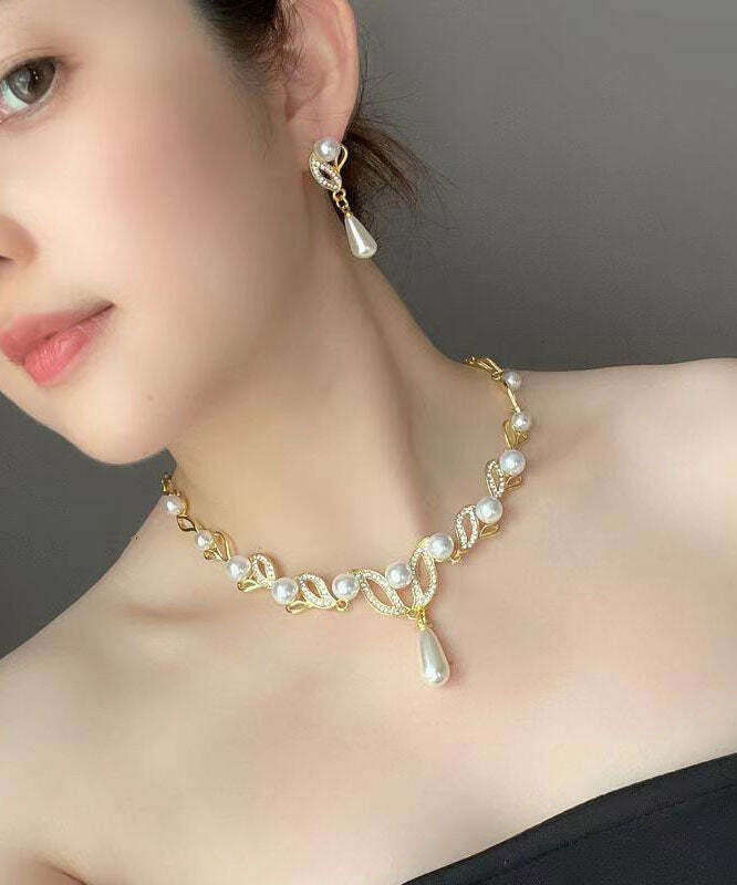 Elegant Gold Alloy Pearl Zircon Pendant Necklace - Y2K & 90s Fashion, Grunge, Retro, Pastel Goth