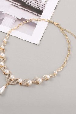 Elegant Gold Alloy Pearl Zircon Pendant Necklace - Y2K & 90s Fashion, Grunge, Retro, Pastel Goth