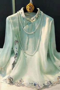 Elegant Light Green Embroidered Silk Button-Up Shirt - Y2K Summer, 90s Fashion, Grunge Outfits