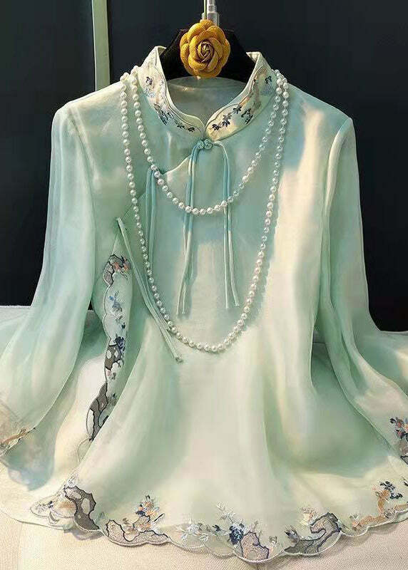 Elegant Light Green Embroidered Silk Button-Up Shirt - Y2K Summer, 90s Fashion, Grunge Outfits