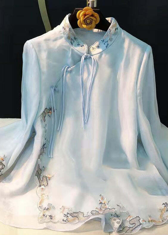 Elegant Light Green Embroidered Silk Button-Up Shirt - Y2K Summer, 90s Fashion, Grunge Outfits