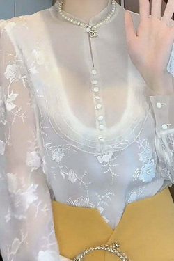 Elegant White Embroidered Chiffon Shirt Top - Y2K Summer, 90s Fashion, Grunge, Retro Style