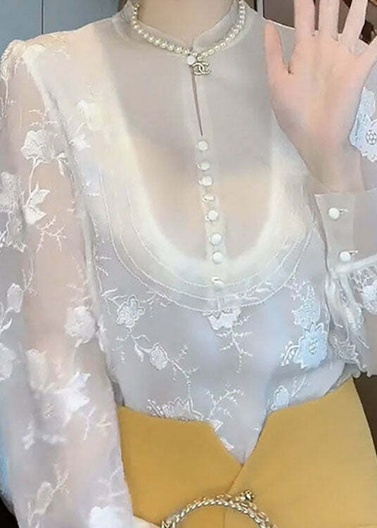 Elegant White Embroidered Chiffon Shirt Top - Y2K Summer, 90s Fashion, Grunge, Retro Style