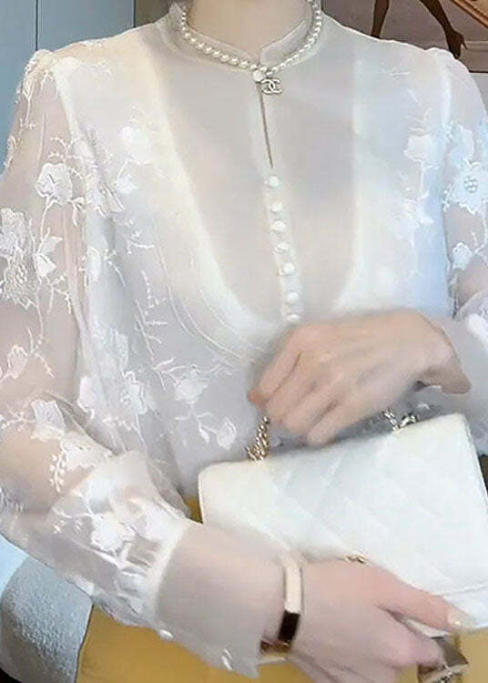 Elegant White Embroidered Chiffon Shirt Top - Y2K Summer, 90s Fashion, Grunge, Retro Style