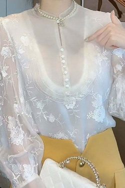 Elegant White Embroidered Chiffon Shirt Top - Y2K Summer, 90s Fashion, Grunge, Retro Style