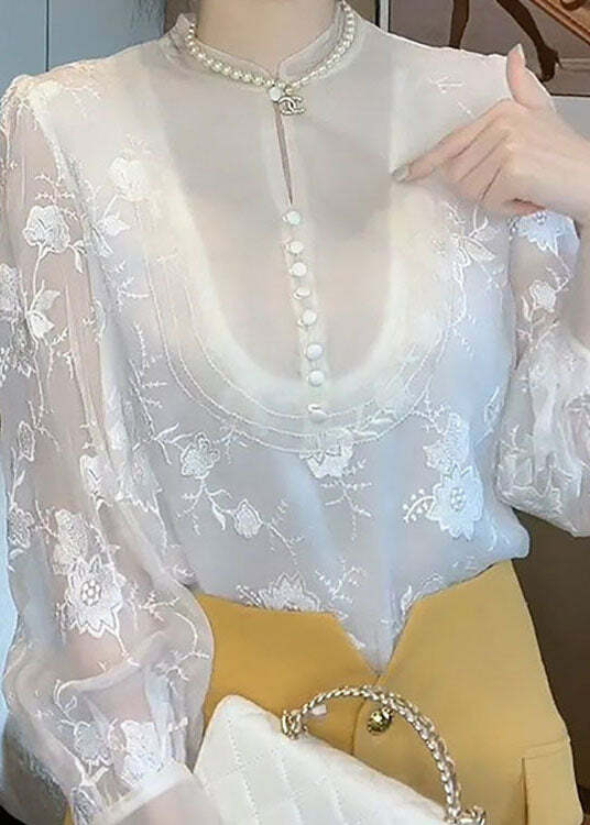 Elegant White Embroidered Chiffon Shirt Top - Y2K Summer, 90s Fashion, Grunge, Retro Style