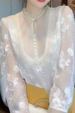Elegant White Embroidered Chiffon Shirt Top - Y2K Summer, 90s Fashion, Grunge, Retro Style
