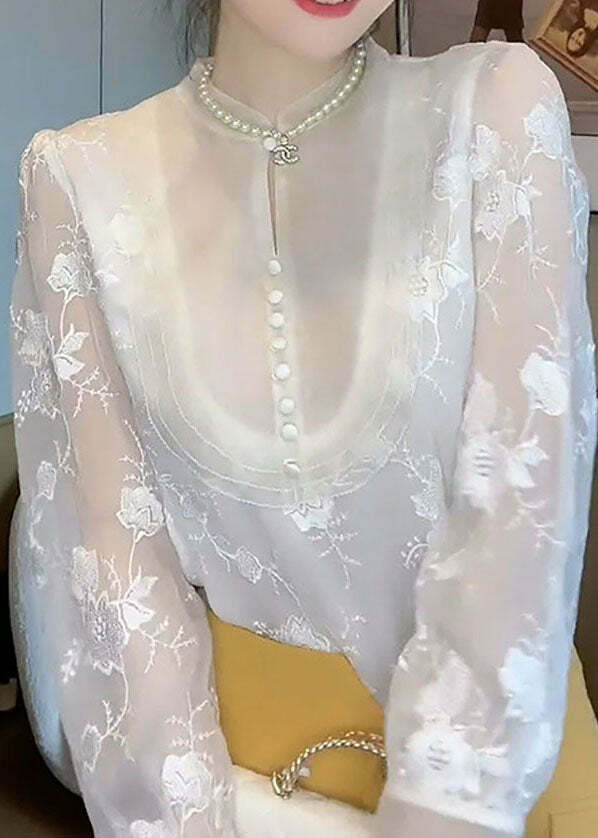 Elegant White Embroidered Chiffon Shirt Top - Y2K Summer, 90s Fashion, Grunge, Retro Style