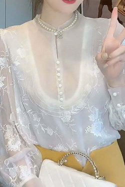 Elegant White Embroidered Chiffon Shirt Top - Y2K Summer, 90s Fashion, Grunge, Retro Style