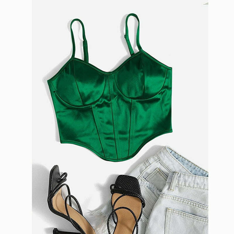 Emerald Green Satin Bustier Top - Y2K Summer, 90s Fashion, Grunge, Retro, Party Outfit