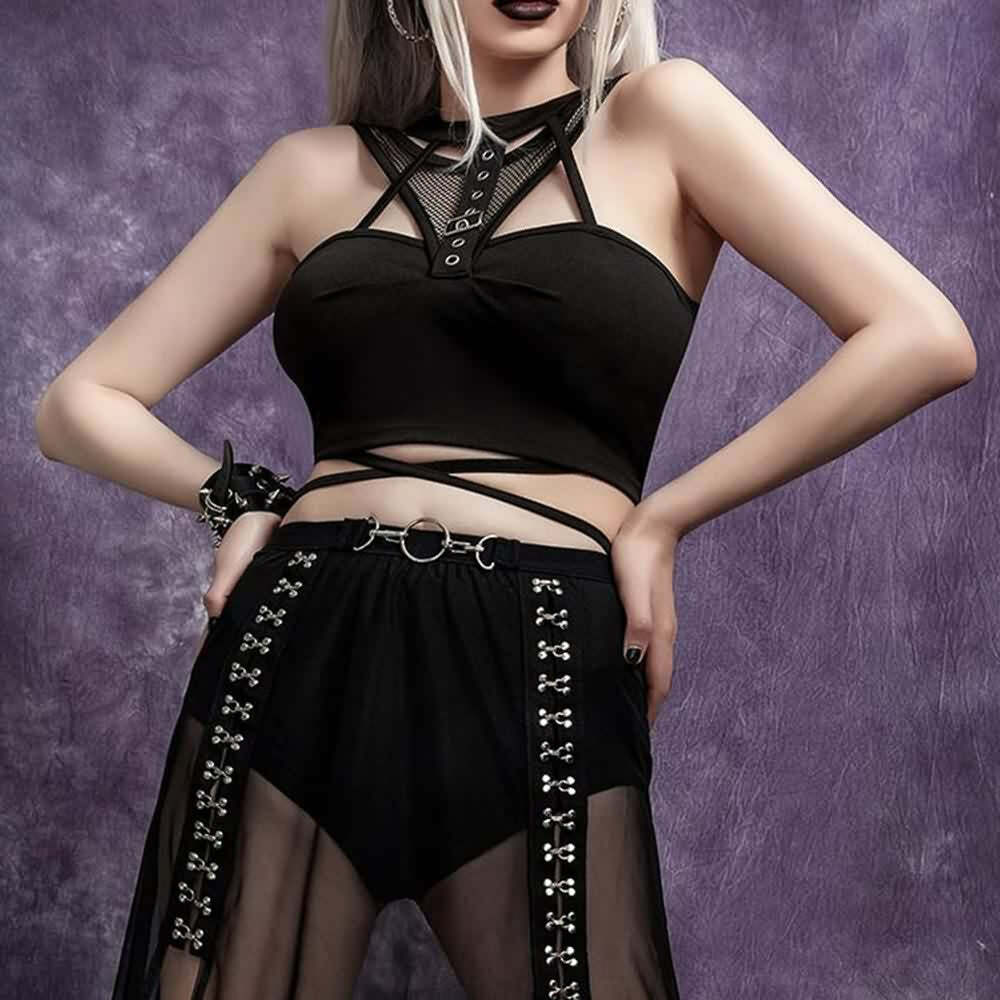 Enigmatic Darkness Halter Top - Y2K Grunge, 90s Fashion, Retro Summer, Gothic Y2K, Party Outfit