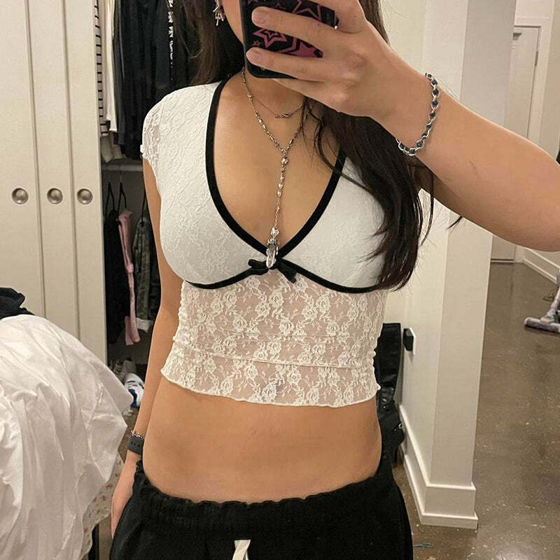 Espyn Lace Crop Top - Y2K Summer Grunge, 90s Fashion, Retro Style, Pastel Goth, Y2K Party Outfit