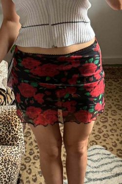Evalyn Rose Print Mesh Mini Skirt - Y2K Summer, 90s Fashion, Grunge, Retro, Pastel Goth Outfit