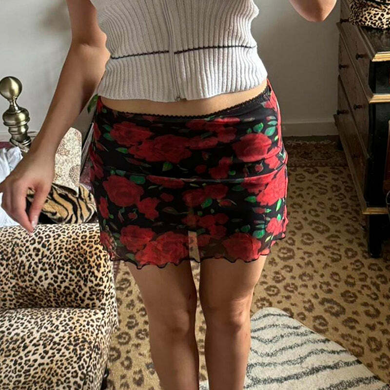 Evalyn Rose Print Mesh Mini Skirt - Y2K Summer, 90s Fashion, Grunge, Retro, Pastel Goth Outfit