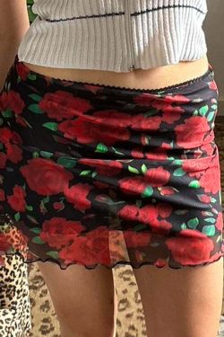 Evalyn Rose Print Mesh Mini Skirt - Y2K Summer, 90s Fashion, Grunge, Retro, Pastel Goth Outfit