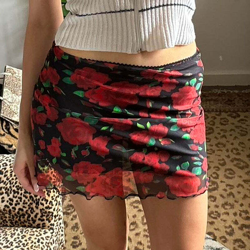 Evalyn Rose Print Mesh Mini Skirt - Y2K Summer, 90s Fashion, Grunge, Retro, Pastel Goth Outfit