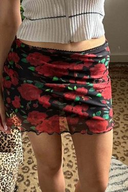 Evalyn Rose Print Mesh Mini Skirt - Y2K Summer, 90s Fashion, Grunge, Retro, Pastel Goth Outfit