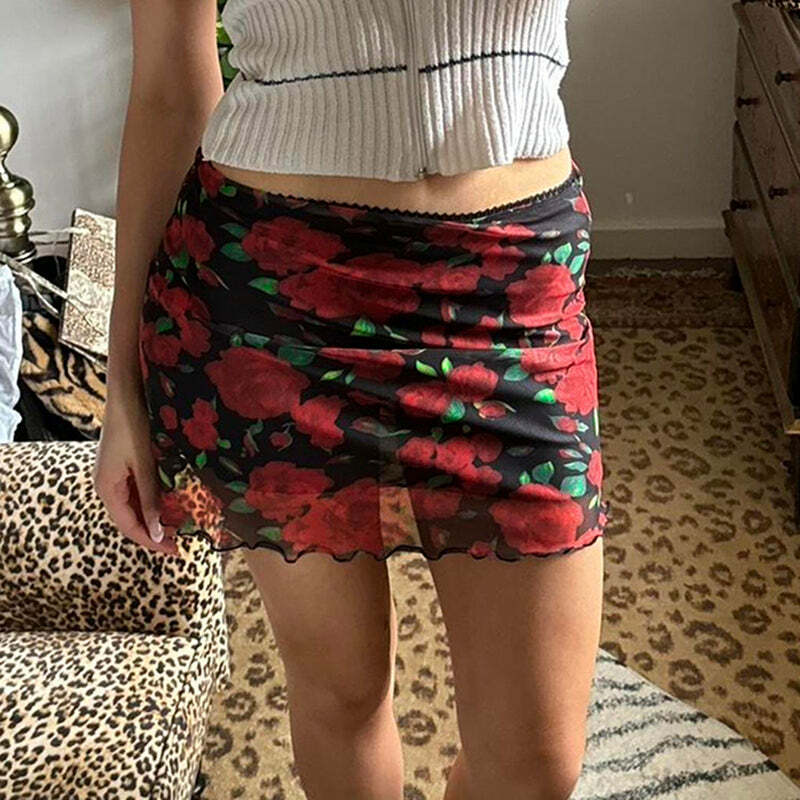 Evalyn Rose Print Mesh Mini Skirt - Y2K Summer, 90s Fashion, Grunge, Retro, Pastel Goth Outfit