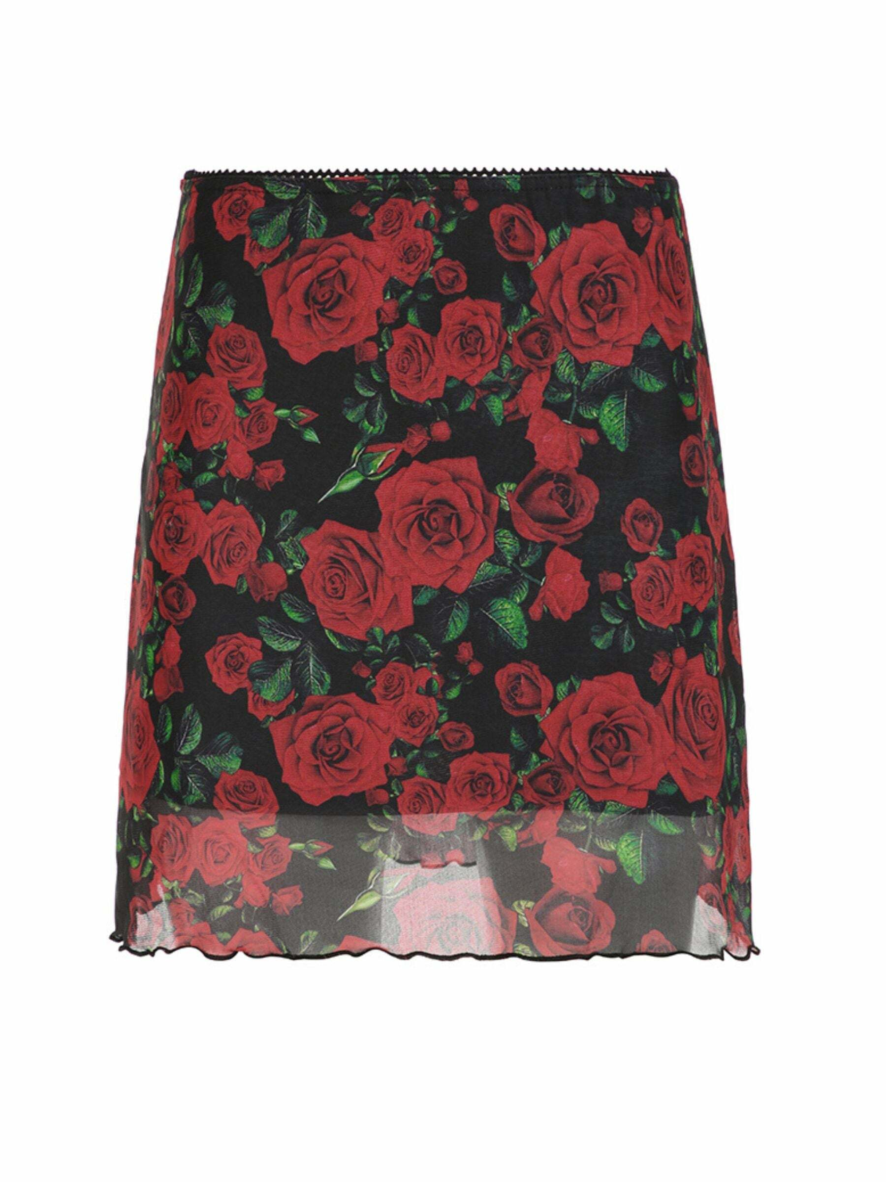 Evalyn Rose Print Mesh Mini Skirt - Y2K Summer, 90s Fashion, Grunge, Retro, Pastel Goth Outfit