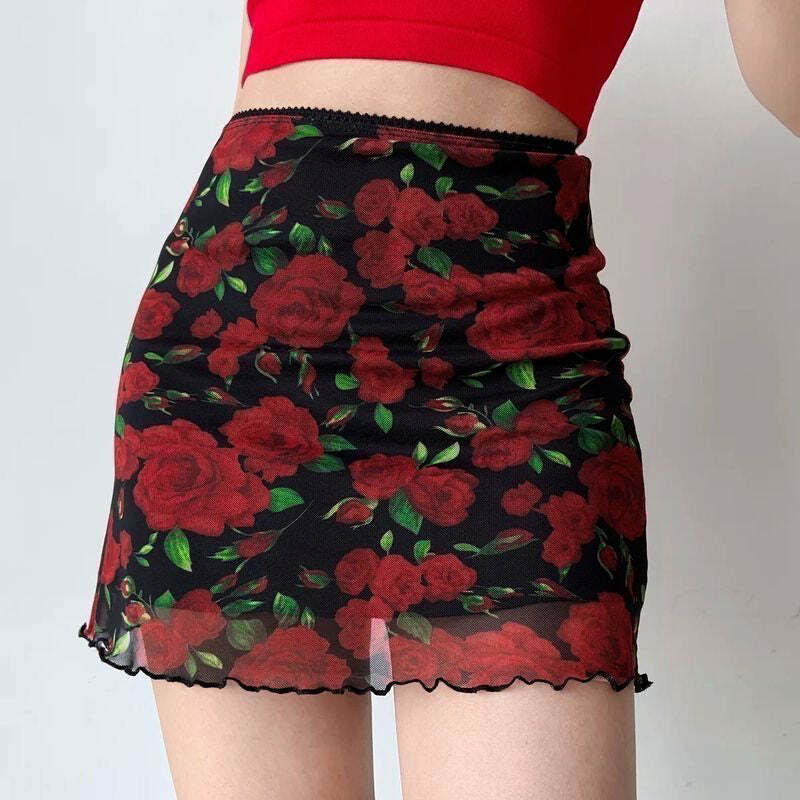 Evalyn Rose Print Mesh Mini Skirt - Y2K Summer, 90s Fashion, Grunge, Retro, Pastel Goth Outfit