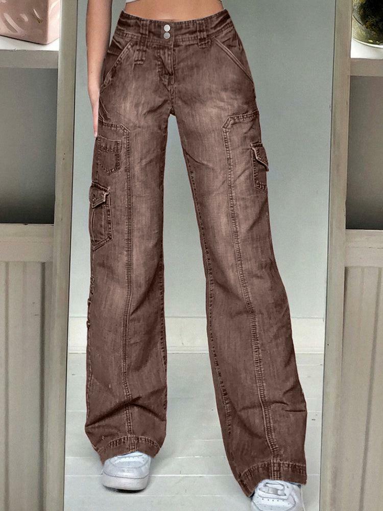 Faded Pocketed Y2K Jeans - Retro 90s Grunge, Summer Y2K Outfits, Y2K Fashion for Women