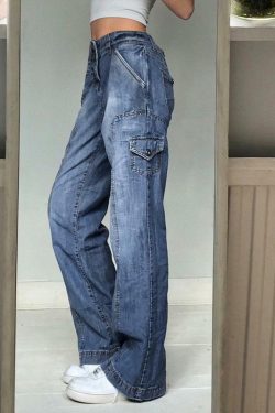 Faded Pocketed Y2K Jeans - Retro 90s Grunge, Summer Y2K Outfits, Y2K Fashion for Women