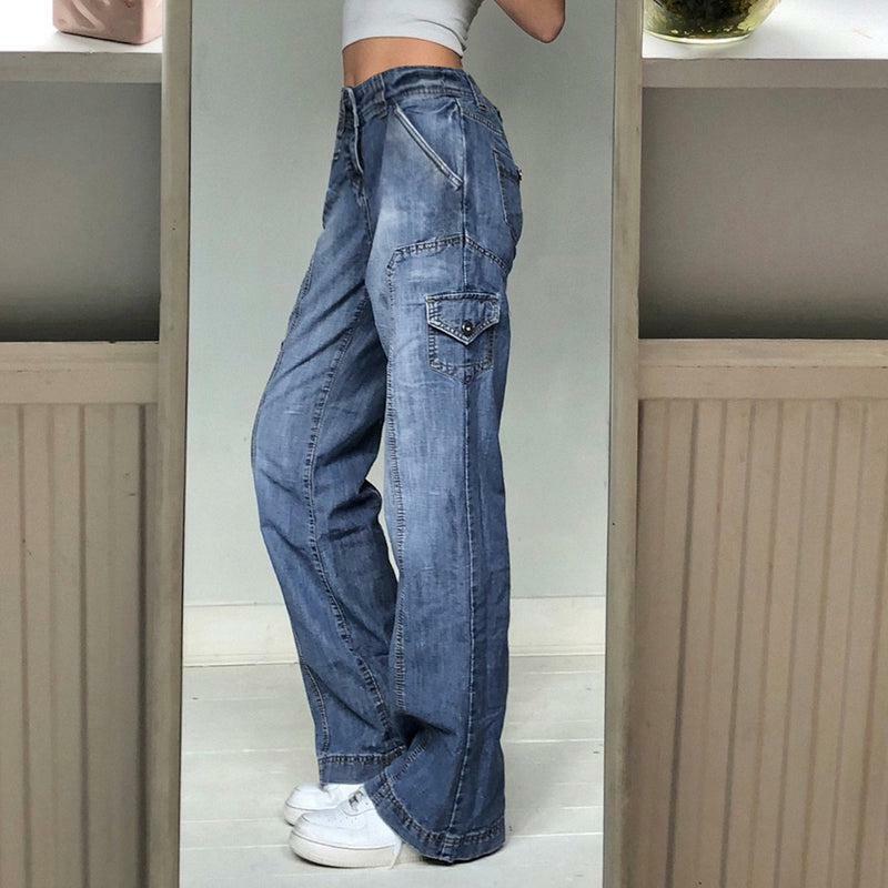 Faded Pocketed Y2K Jeans - Retro 90s Grunge, Summer Y2K Outfits, Y2K Fashion for Women